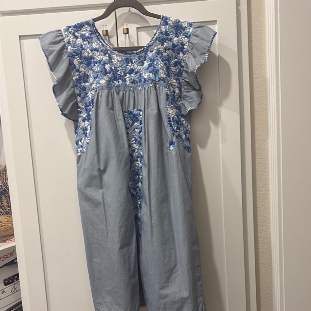 Mi Golondrina Sky Blue Dress with White Floral Embroidery